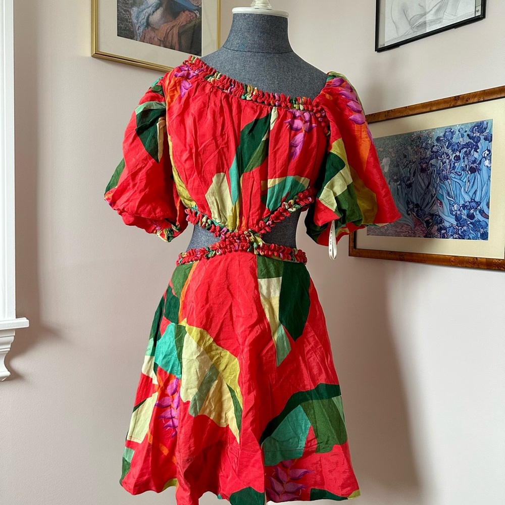 FARM Rio Red Green Puff Sleeve Off-Shoulder Sundress
